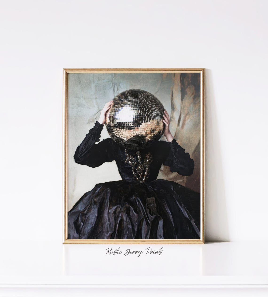 Black Gown Woman Disco Ball Head Mysterious Antique Art Print - Image 4