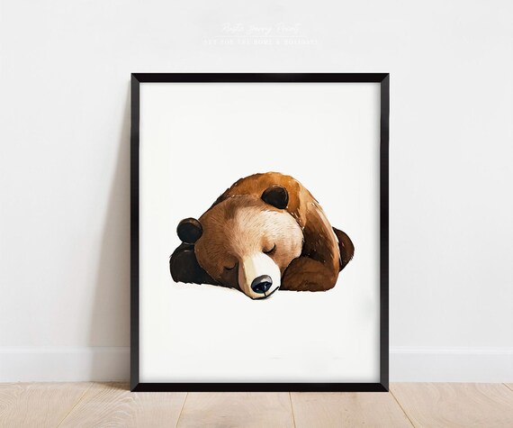 Sleeping Brown Bear Watercolor Minimalist Nursery Sweet Dreams Poster