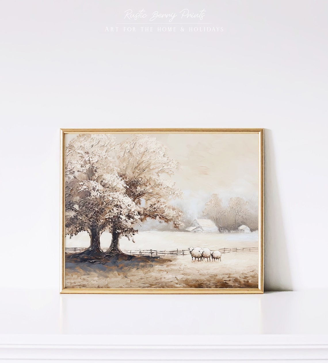 Blossoming Tree Sheep Farm Fence Misty Beige Vintage Art Poster