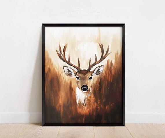 Majestic Antlered Deer Stag Portrait Golden Woodland Rustic Painting Poster