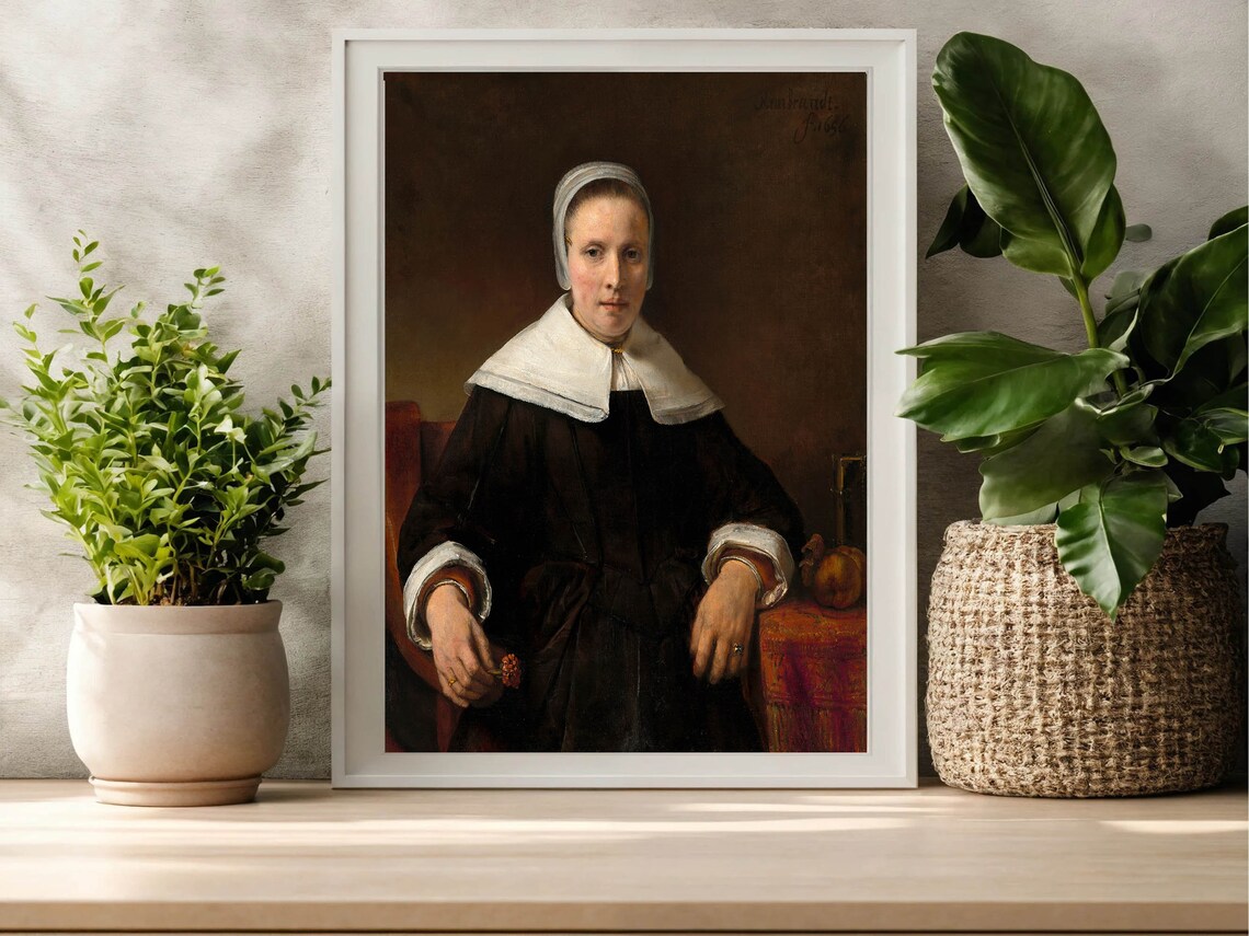 Rembrandt Woman Holding Pink Flower Dutch Golden Age Portrait Poster - Image 4