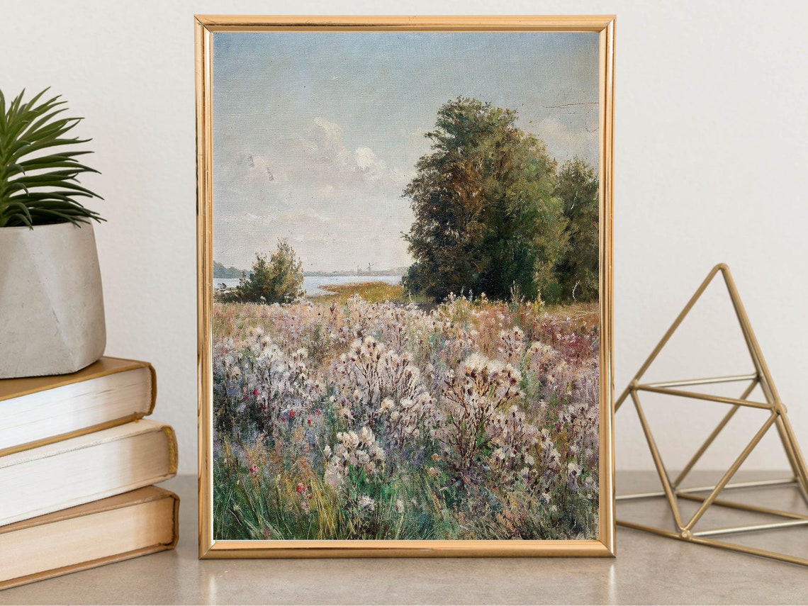 Wildflower Meadow River Vintage Country Landscape Impressionist Poster