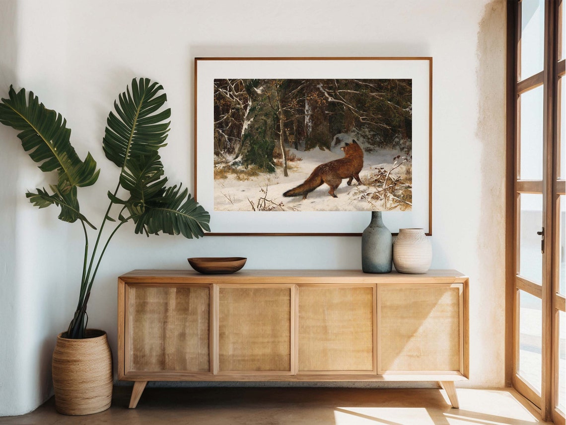 Red Fox Snowy Winter Forest Vintage Wildlife Woodland Painting Poster - Image 2