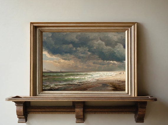 Moody Coastal Wall Decor Vintage Seascape Painting Neutral Seascape Painting Coastal Wall Art Long Island Beach Coastal Art