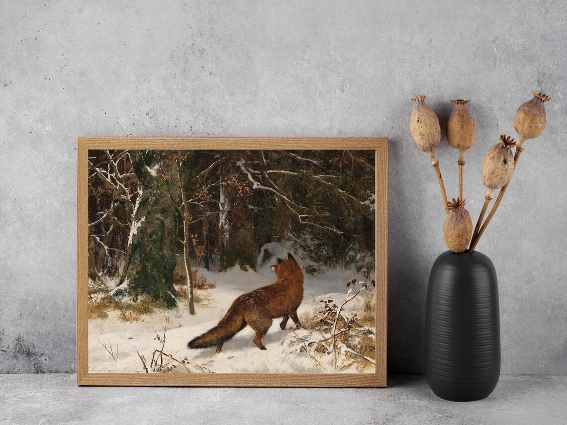 Red Fox Snowy Winter Forest Vintage Wildlife Woodland Painting Poster - Image 5