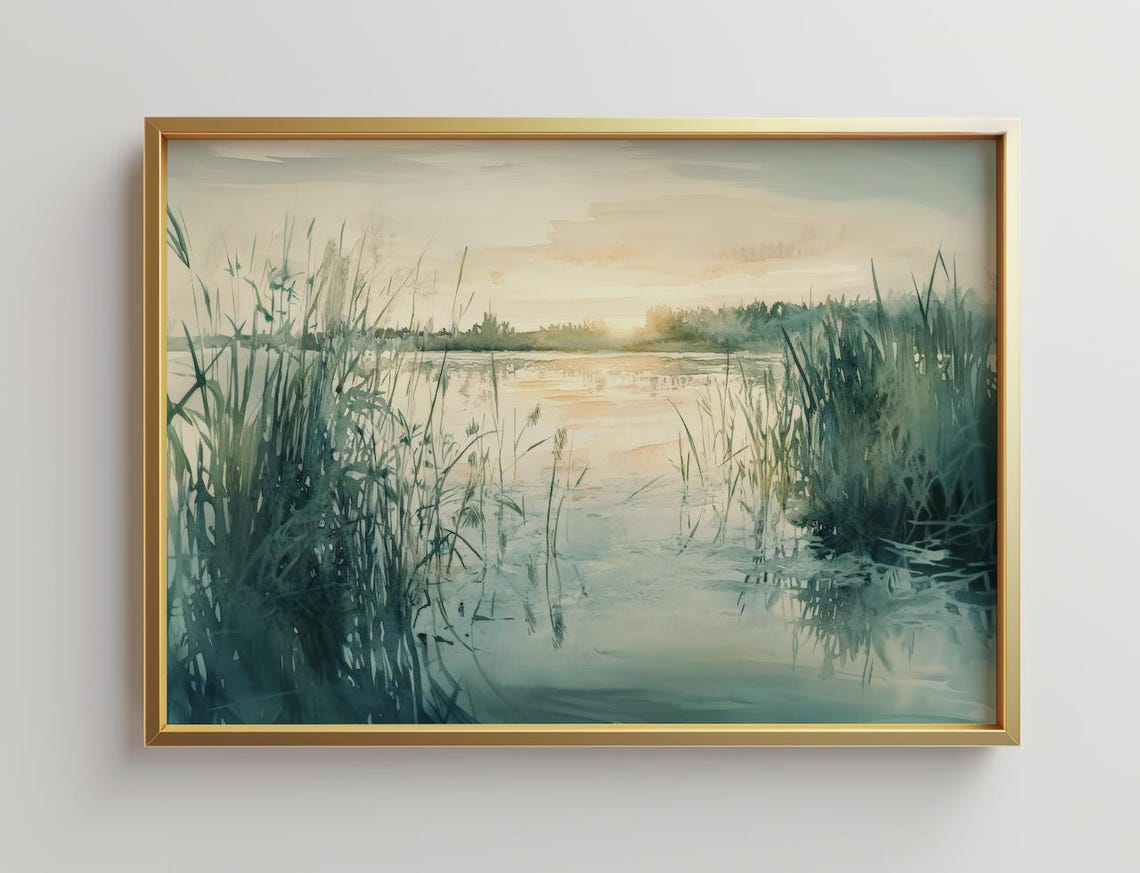 Dawn Marsh Reeds Watercolor Serene River Landscape Painting Poster
