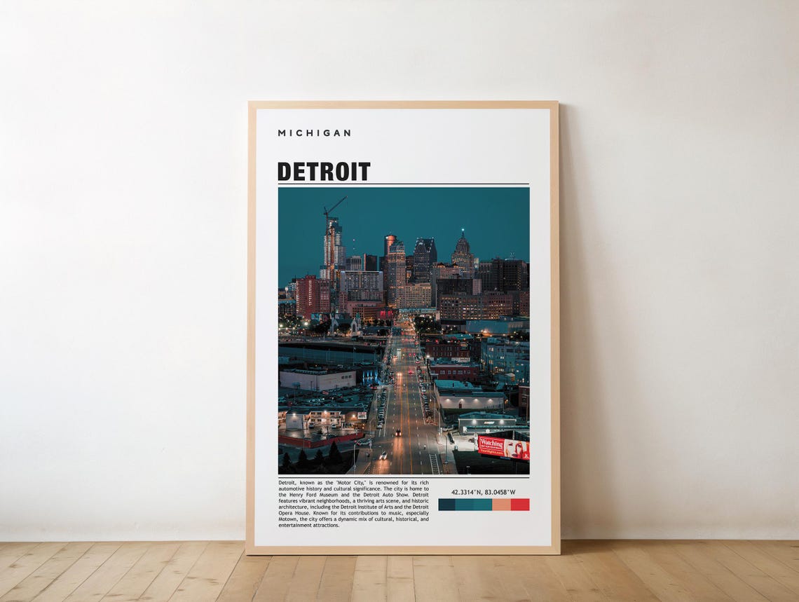 Detroit Michigan Night Skyline Riverfront Motor City Travel Poster