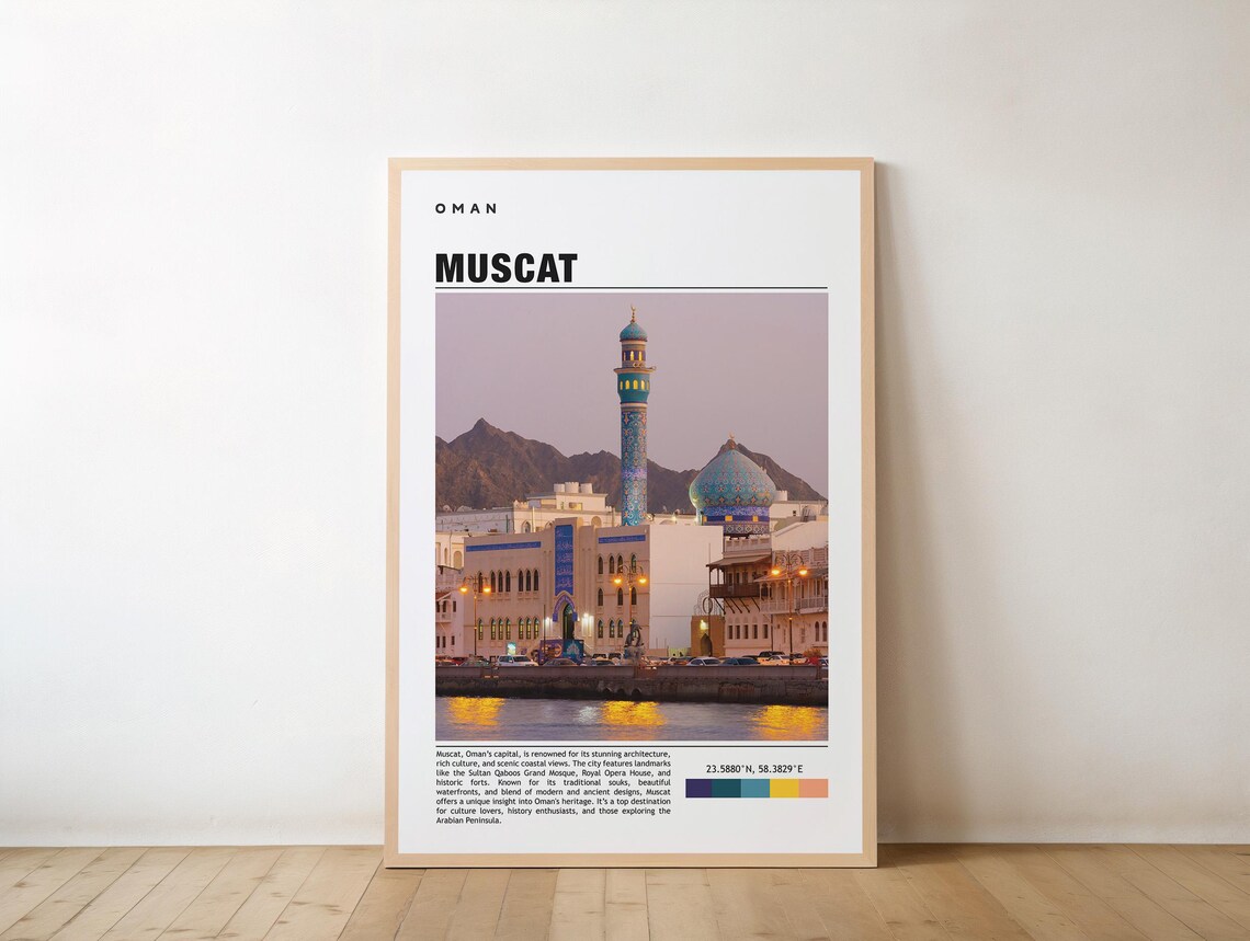 Muscat Oman Waterfront Mosque Photo Poster Arabian Sunset Travel