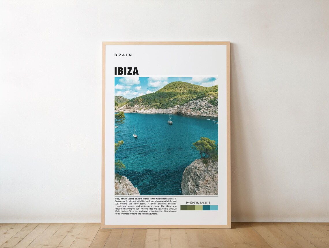 Ibiza Spain Turquoise Cove Sailboats Balearic Island Travel Poster