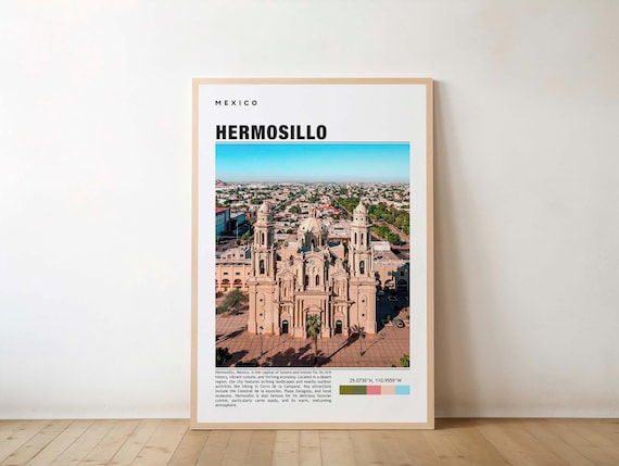 Hermosillo Mexico Cathedral Aerial City Grid Desert Travel Poster