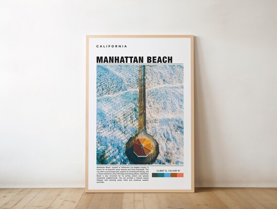 Manhattan Beach California Aerial Pier Surf Photography Travel Poster