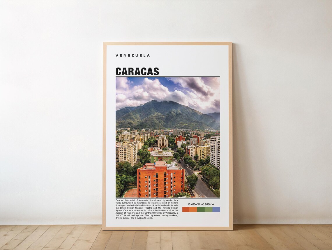 Caracas Venezuela Travel Poster with Cityscape and Green Mountain View