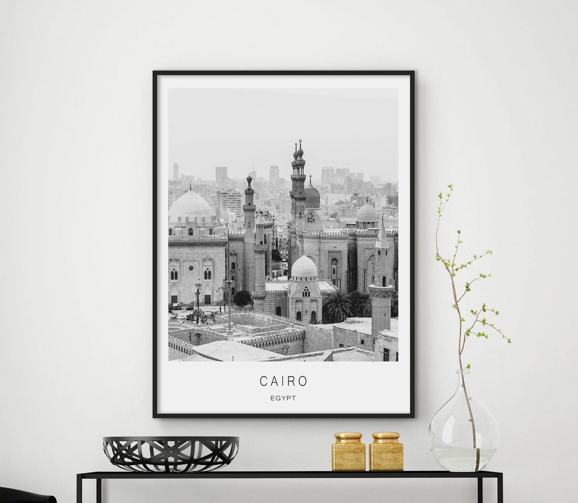 Cairo Egypt Mosques Minarets Black And White Old Town Poster