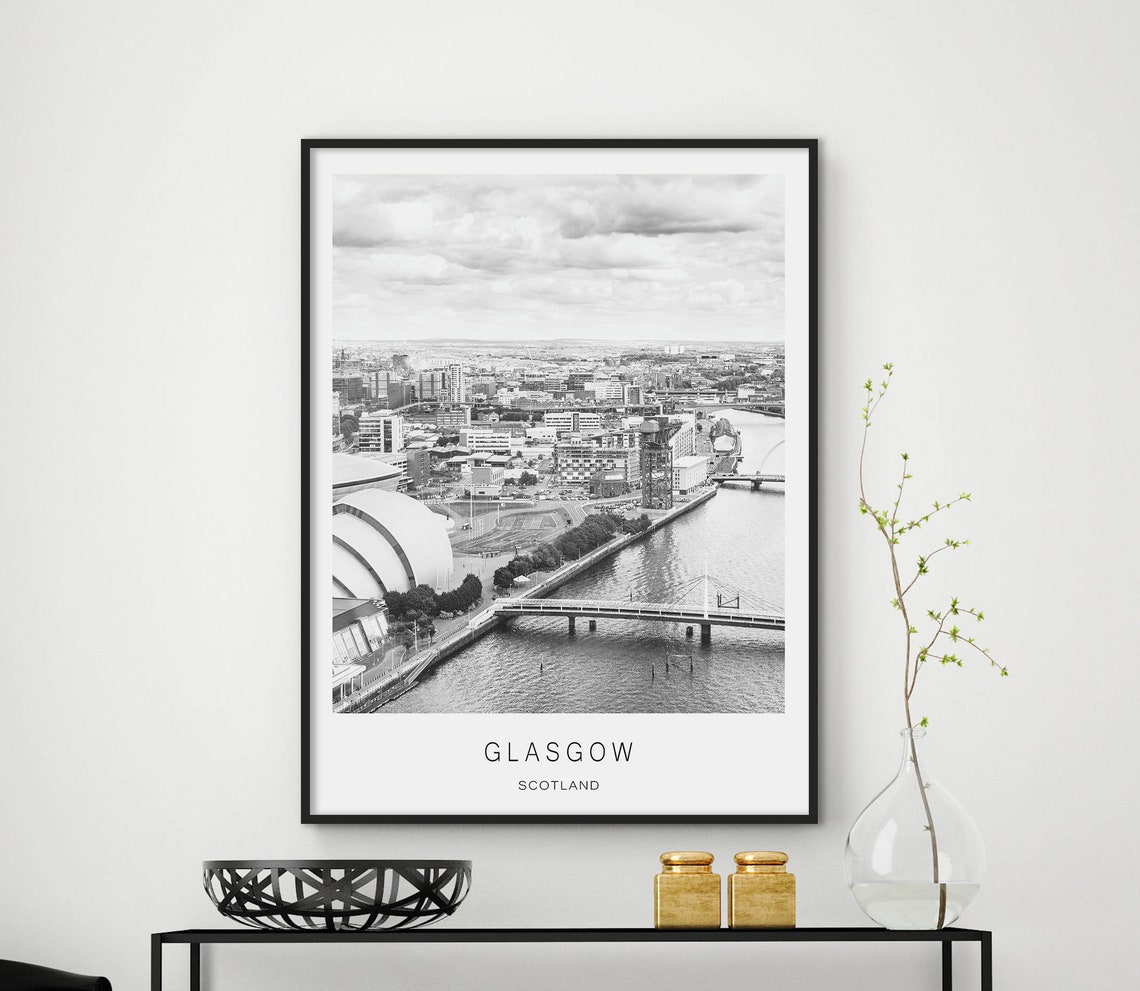 Glasgow Scotland Black And White River Clyde City Skyline Poster