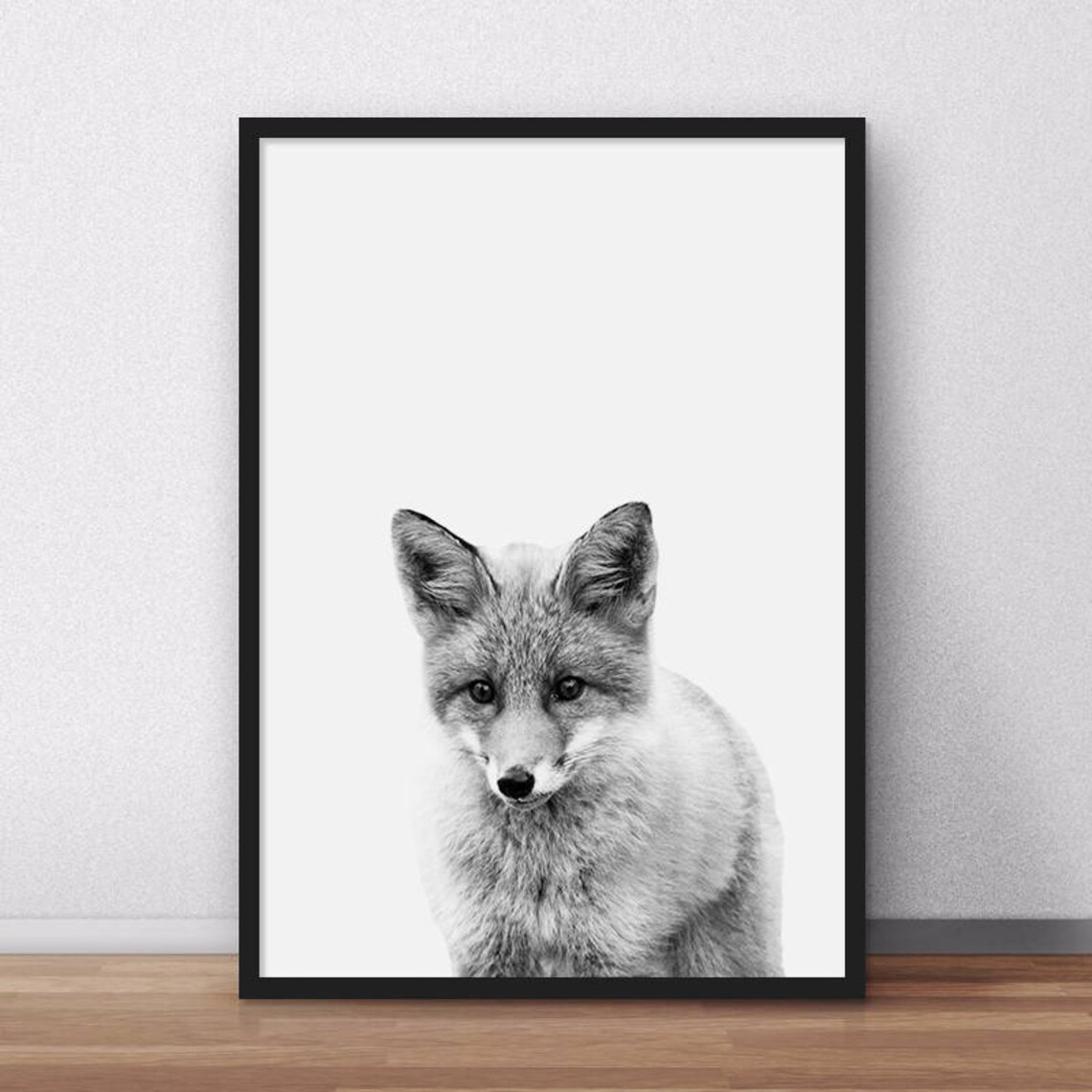 Baby Fox Black and White Minimalist Woodland Animal Photo Poster