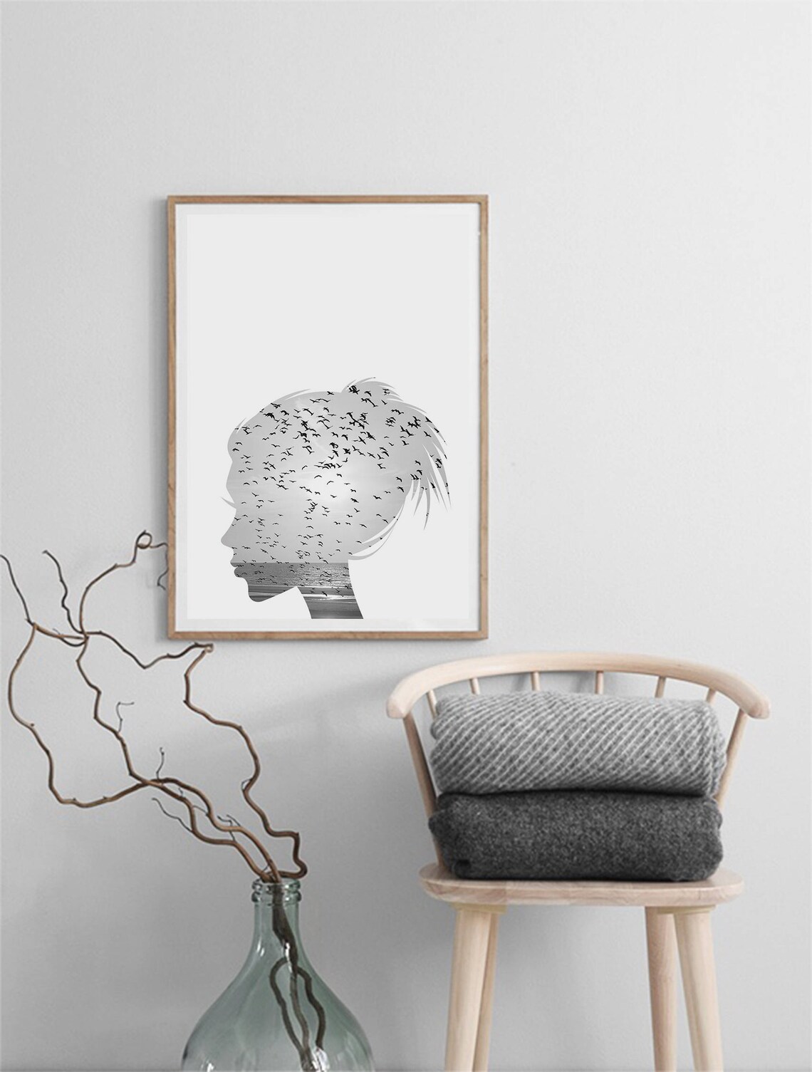 Woman Silhouette Flock of Birds Double Exposure Art Black White Poster - Image 3