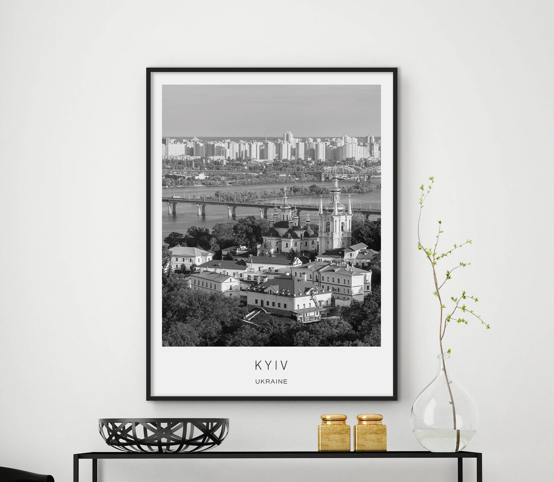 Kyiv Ukraine Historic Churches Dnipro River Black White City Poster