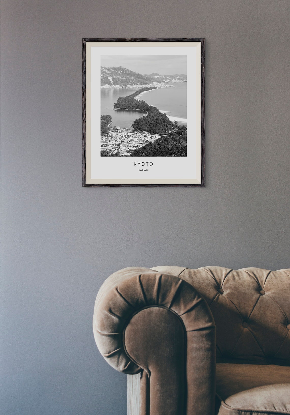 Kyoto Japan Pine Covered Sandbar Coast Aerial Black White Poster - Image 2