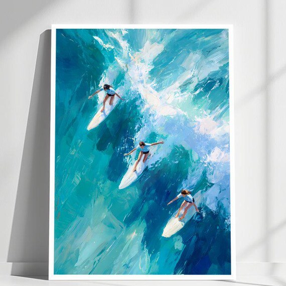 Three Surfers Riding Turquoise Waves Aerial Ocean Painting Surf Poster
