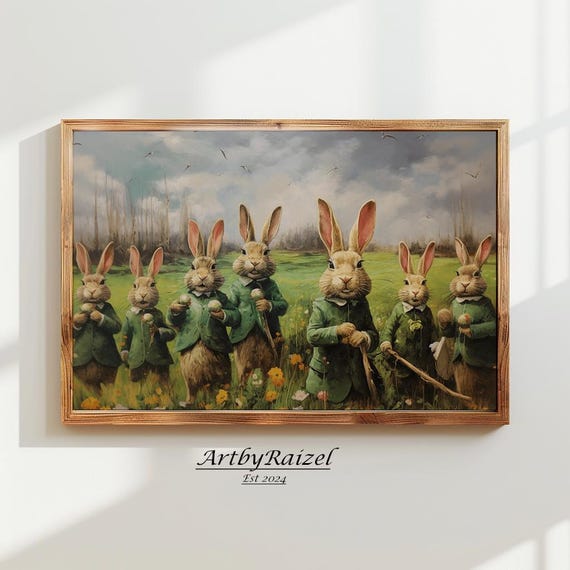 Easter Bunnies Wall Art Classy Easter Decor Print Antique Moody Rabbit Animal Painting Vintage Painting Instant Art