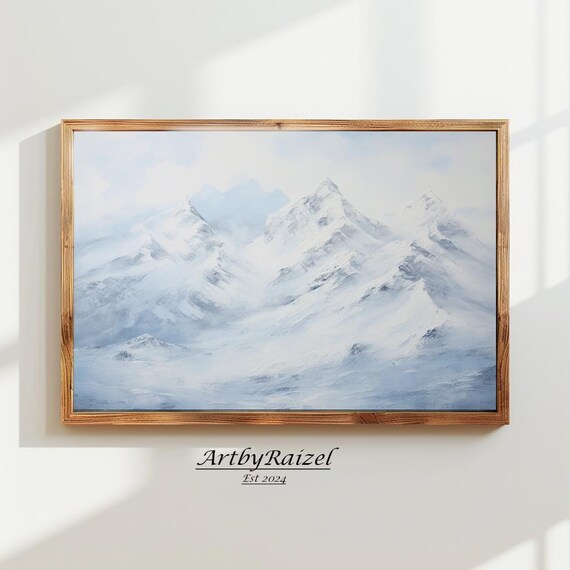 Snowy Mountain Peaks Soft Blue Winter Landscape Painting Poster