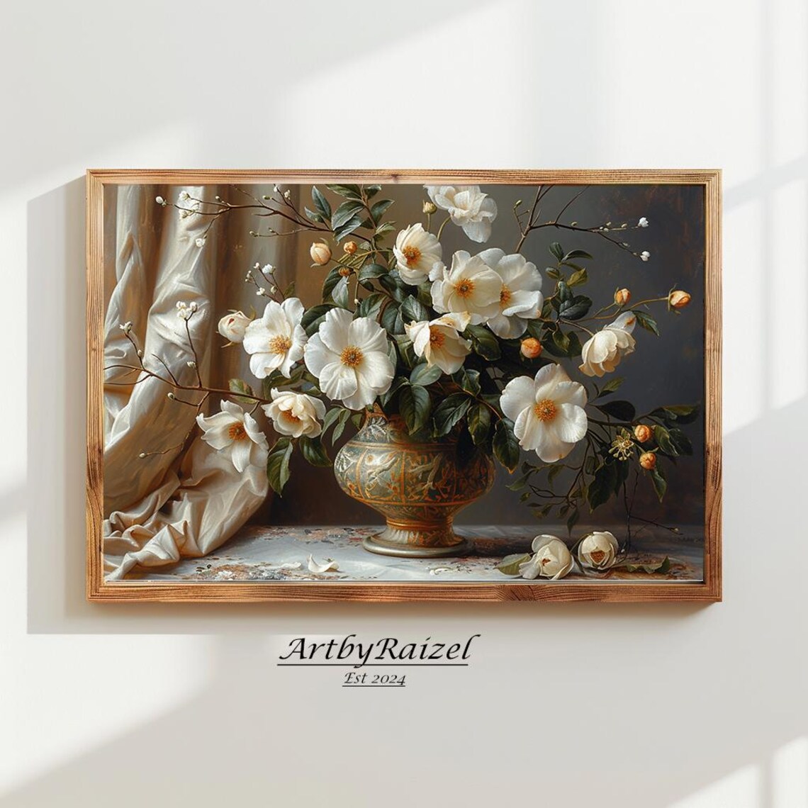 White Camellia Blossoms Ornate Vase Vintage Floral Art Poster
