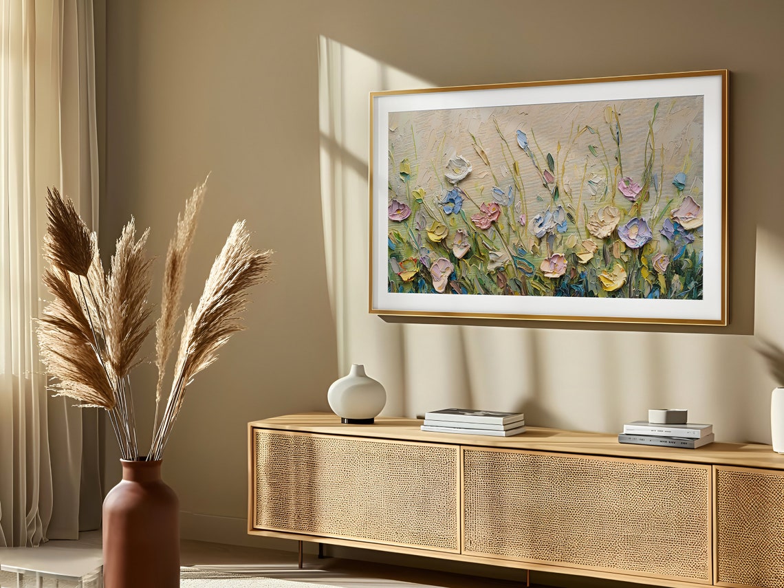 Neutral Textured Wildflower Meadow Beige Impasto Floral Poster - Image 3