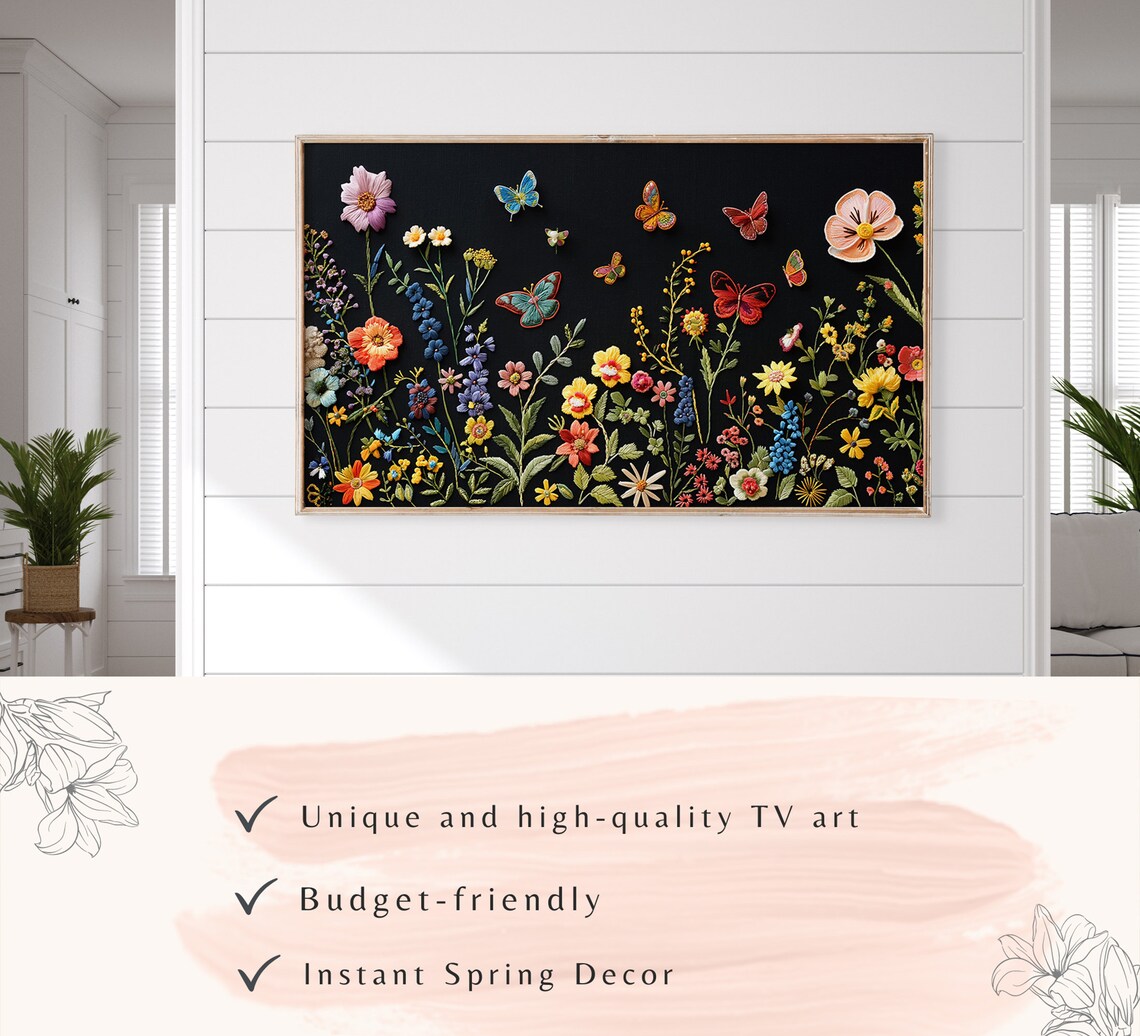 Dark Botanical Butterflies Flowers Night Garden Textured Art Poster - Image 3