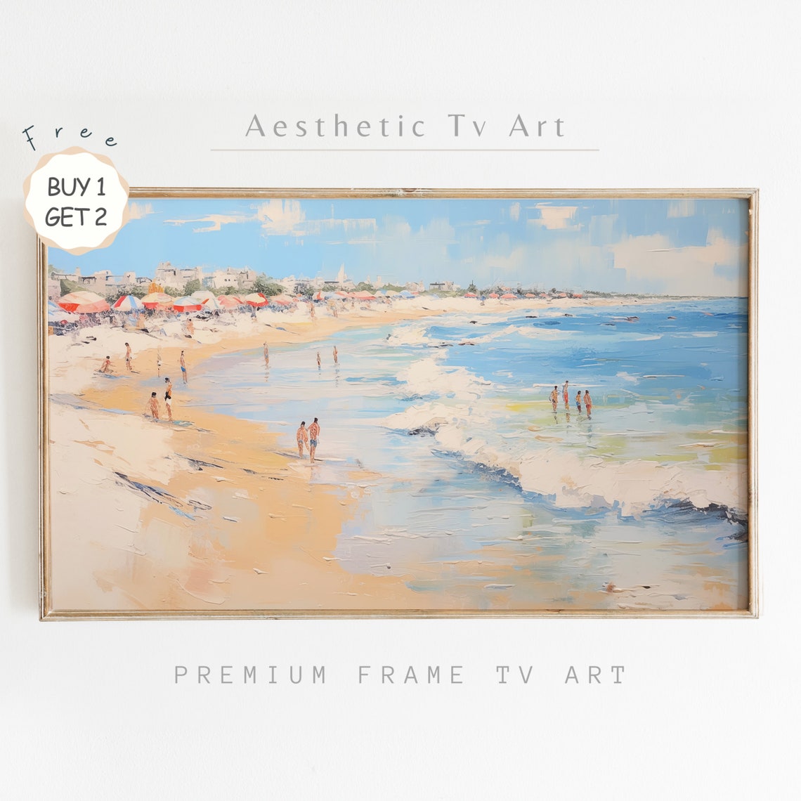 Sunny Beach Umbrellas Bathers Coastal Summer Oil Painting Poster