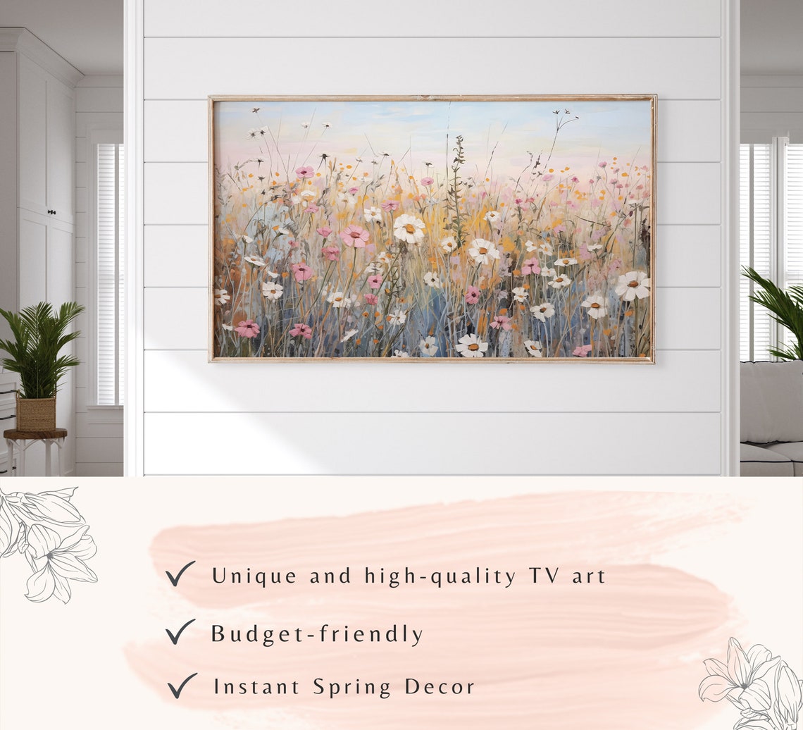 Dreamy Wildflower Meadow Daisies Pink White Soft Impressionist Poster - Image 3