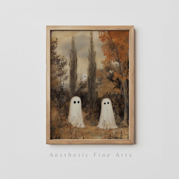 Two Cute Ghosts In Vintage Autumn Landscape With Poplar Trees Poster
