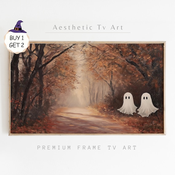 Two Ghosts on Misty Autumn Forest Road Vintage Halloween TV Art