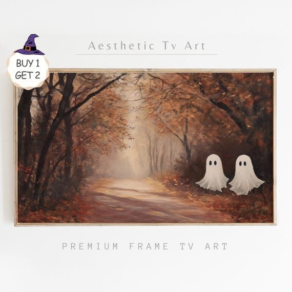 Vintage Halloween Frame Tv Art Cute Ghosts In Autumn Landscape Painting Farmhouse Autumn Decor Autumn Spooky Painting Art