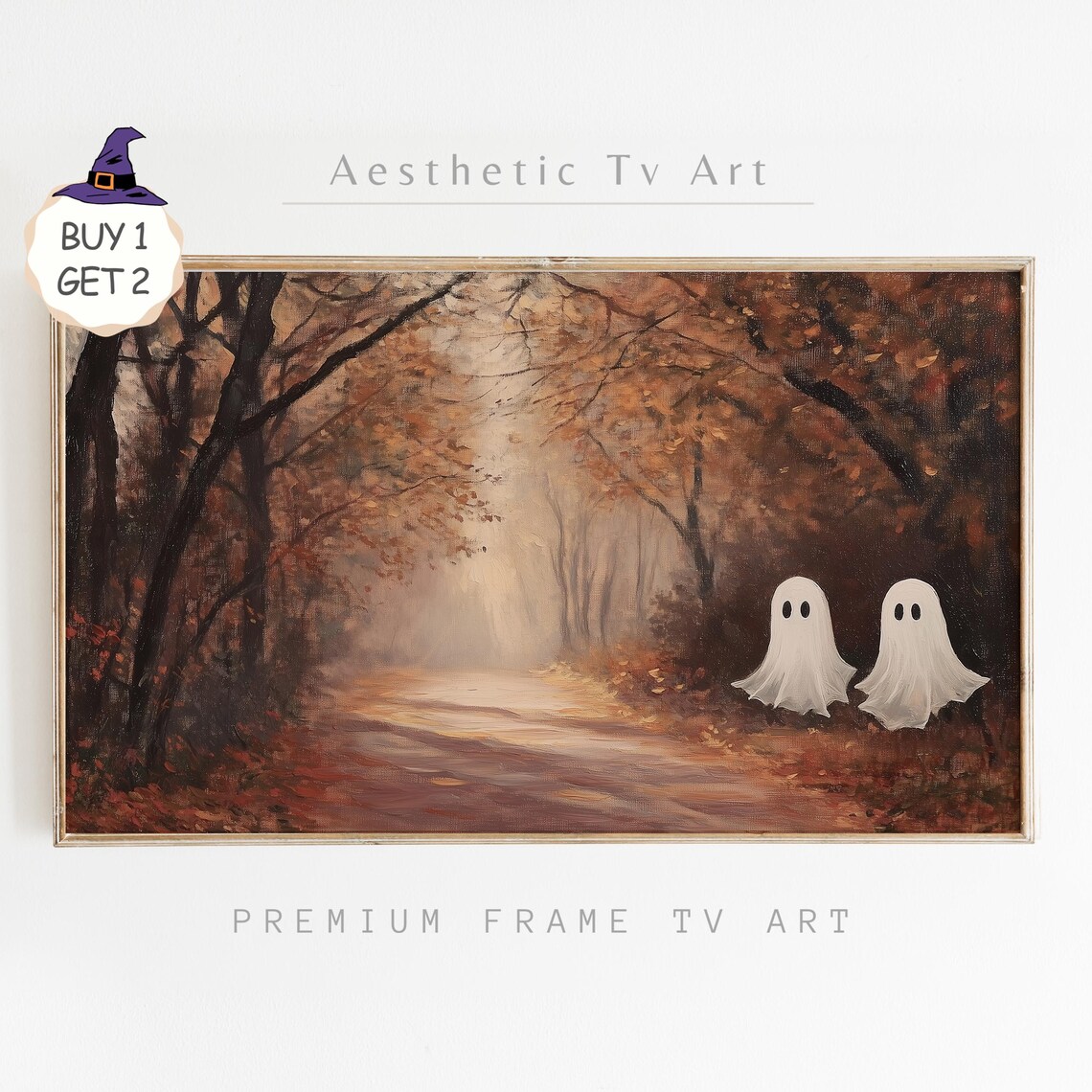 Two Ghosts on Misty Autumn Forest Road Vintage Halloween TV Art