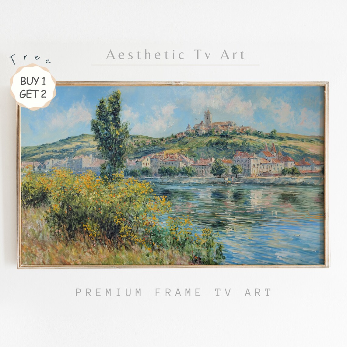 European Riverside Village Hill Church Impressionist Landscape Poster