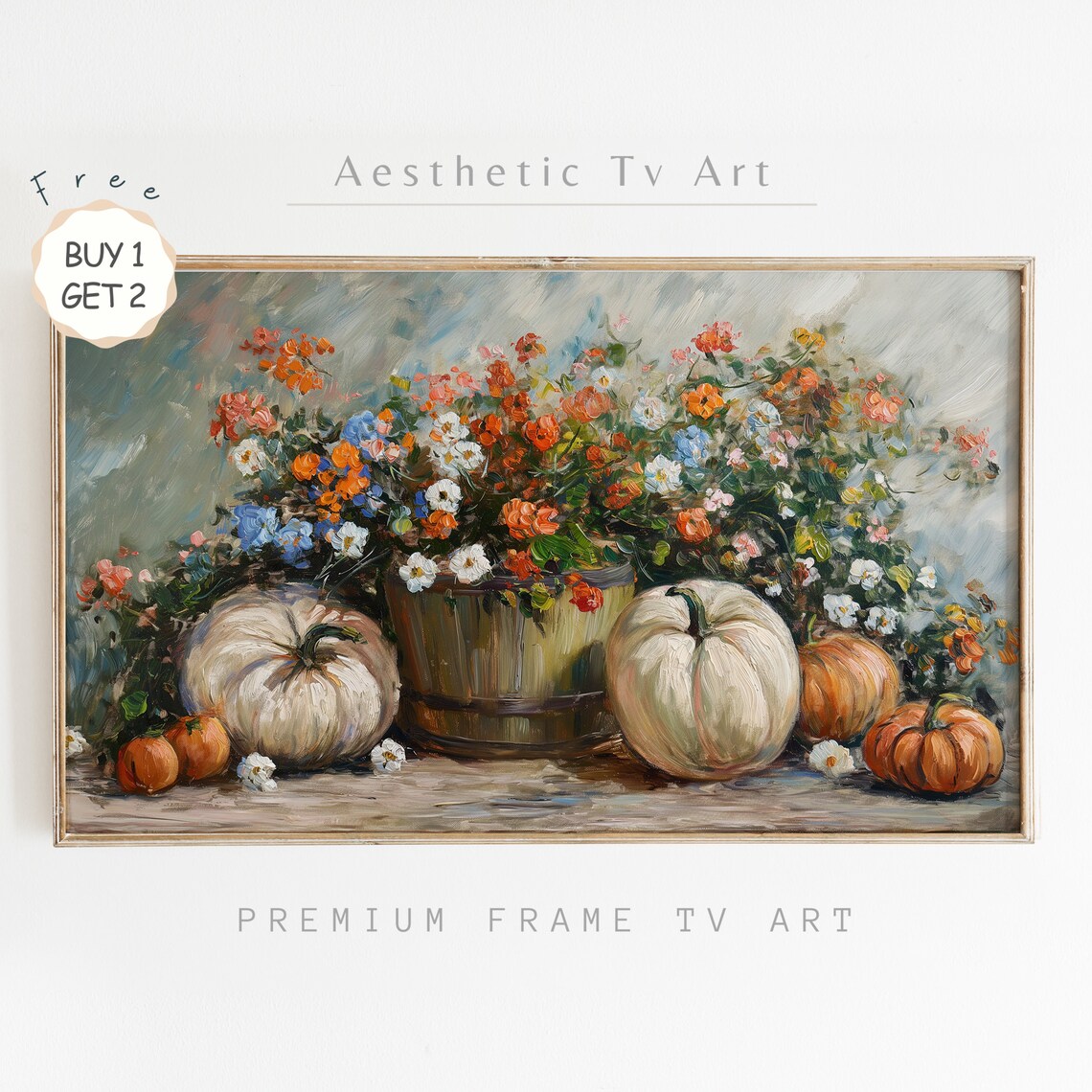 Fall Wildflowers Wooden Bucket White Pumpkins Moody Harvest Poster