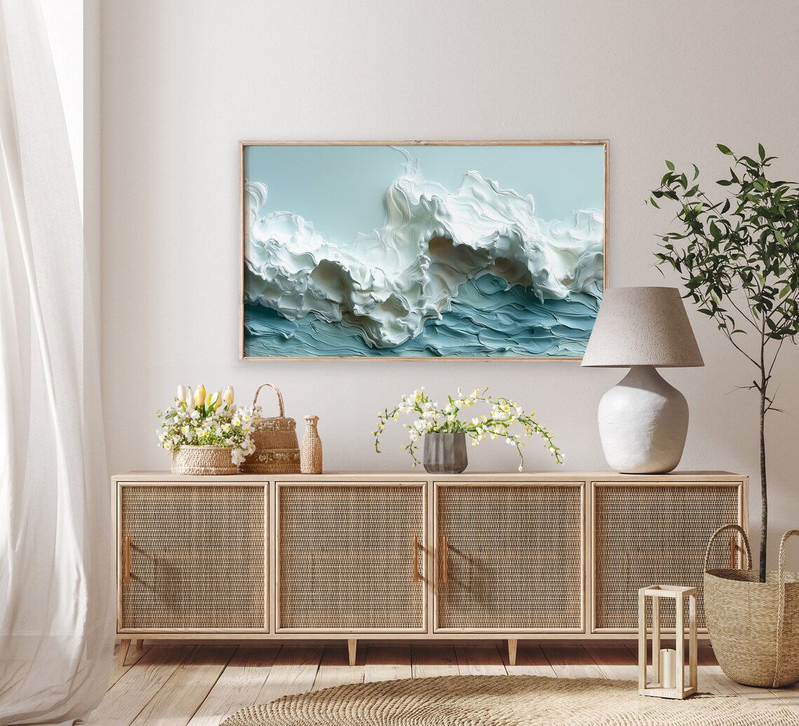 Pastel Ocean Wave Textured Impasto Blue Seascape Coastal Poster - Image 2