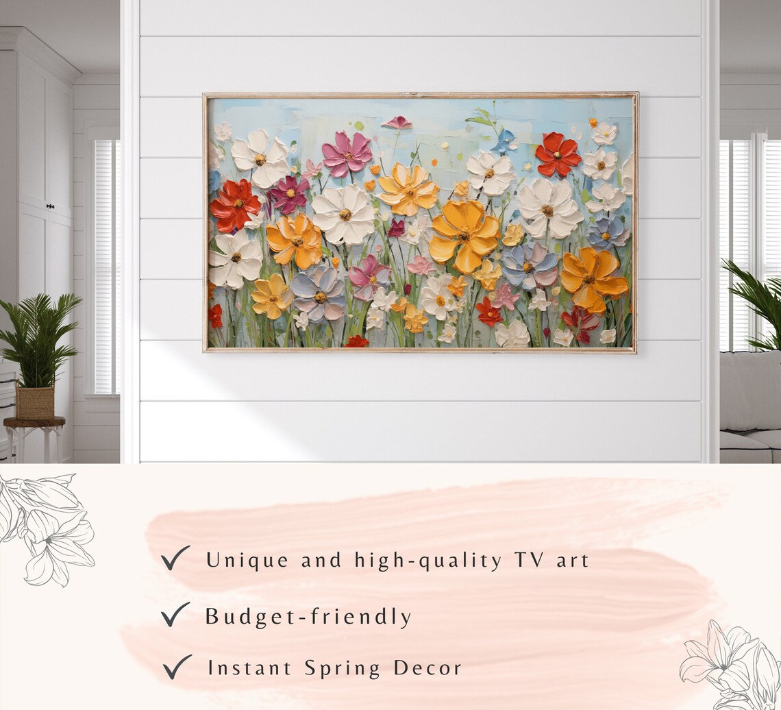 Colorful Impasto Wildflower Garden Blue Sky Oil Painting Poster - Image 3