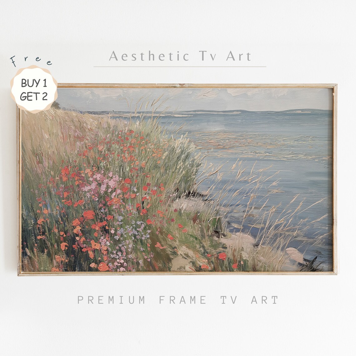 Red Poppy Coastal Cliff Path Textured Oil Painting Blue Sea Poster