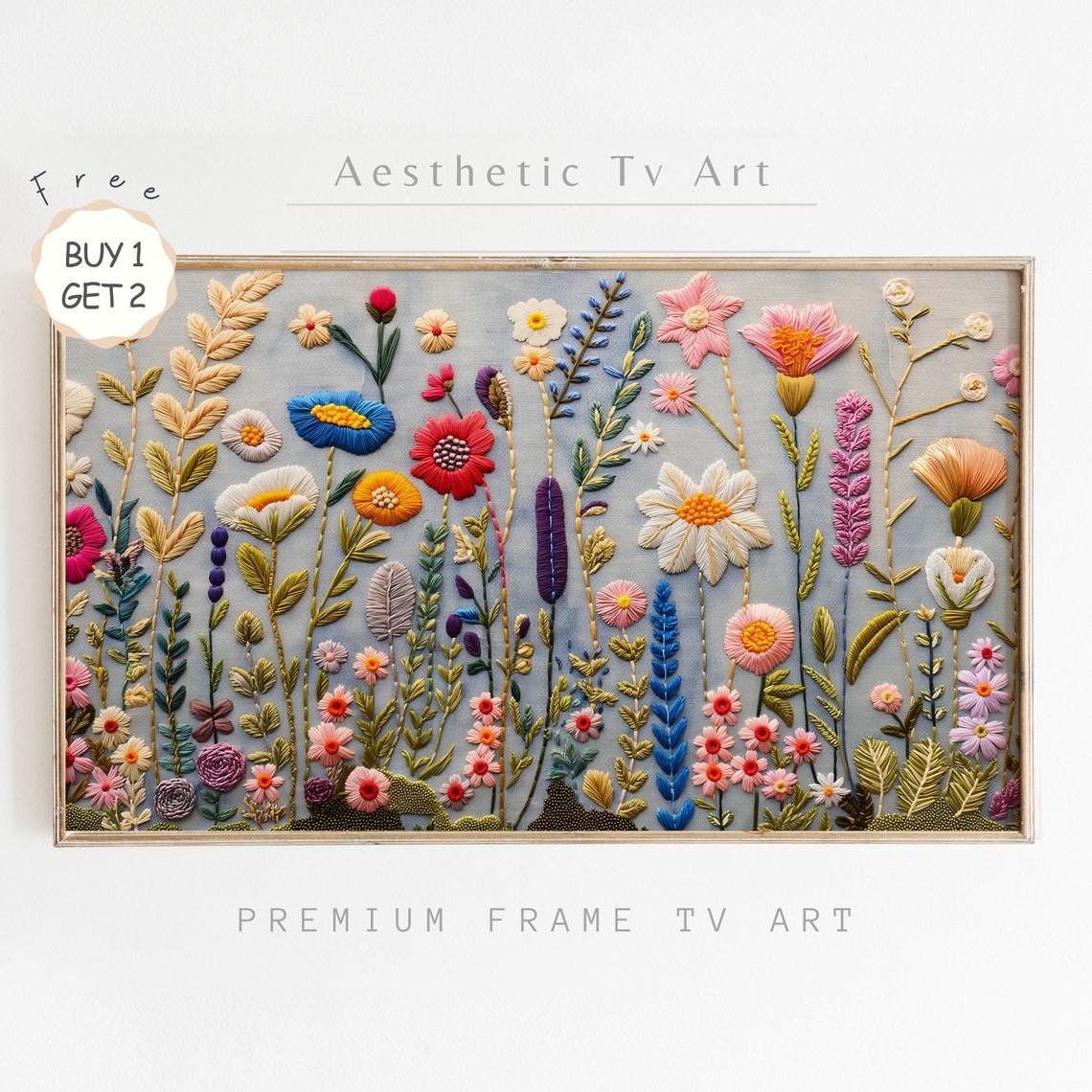 Embroidered Spring Wildflowers Stitched Floral Garden Art Poster