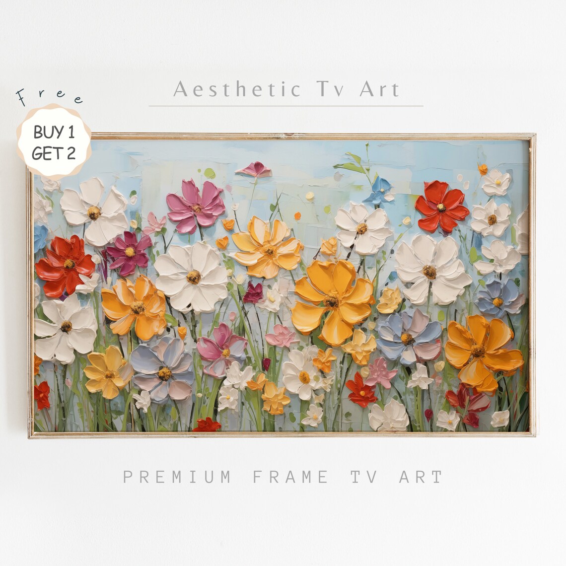 Colorful Impasto Wildflower Garden Blue Sky Oil Painting Poster