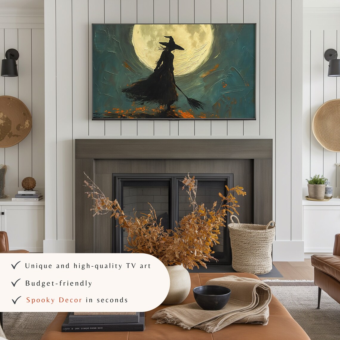 Witch Silhouette Full Moon Broom Textured Dark Teal Halloween Poster - Image 3