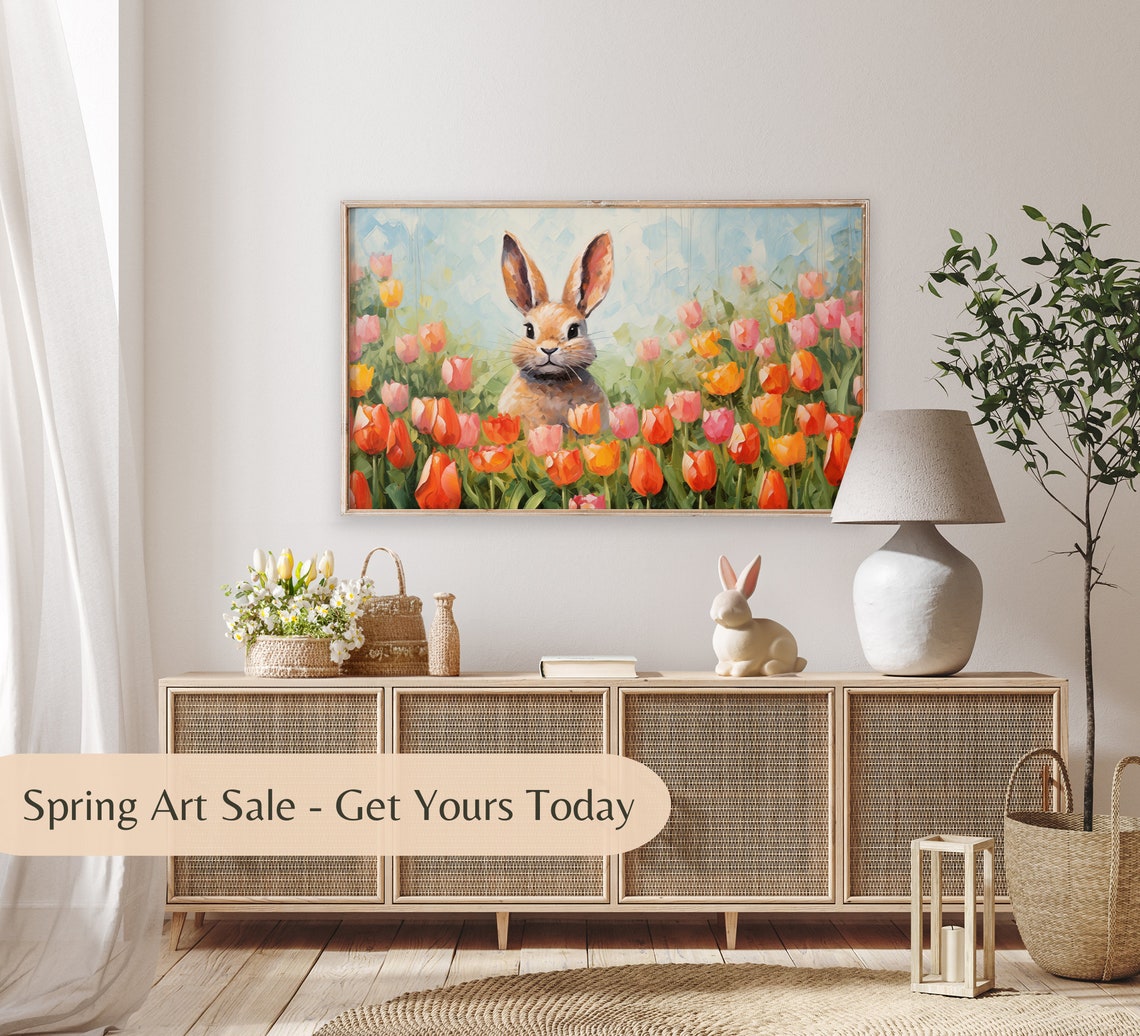 Easter Frame Tv Art Cute Easter Bunny In A Colorful Spring Tulips Garden Easter Farmhouse Decor - Image 3