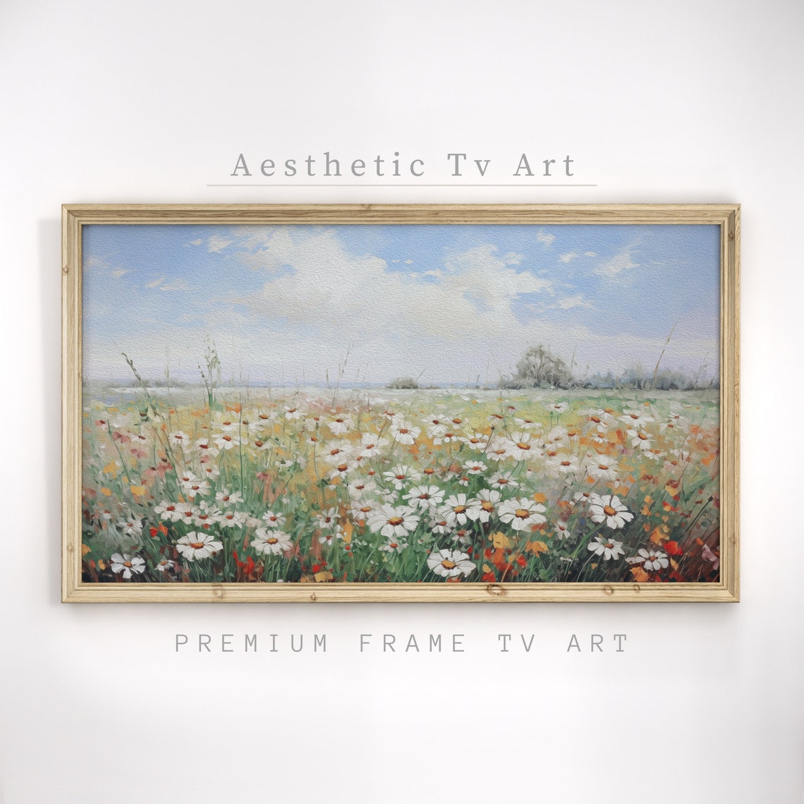 Wild Daisy Meadow Bright Blue Sky Spring Oil Painting Wall Art - Image 3