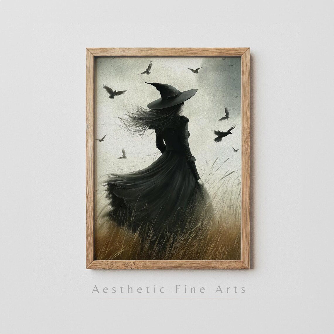 Elegant Witch Silhouette In Golden Field With Crows Halloween Art Poster