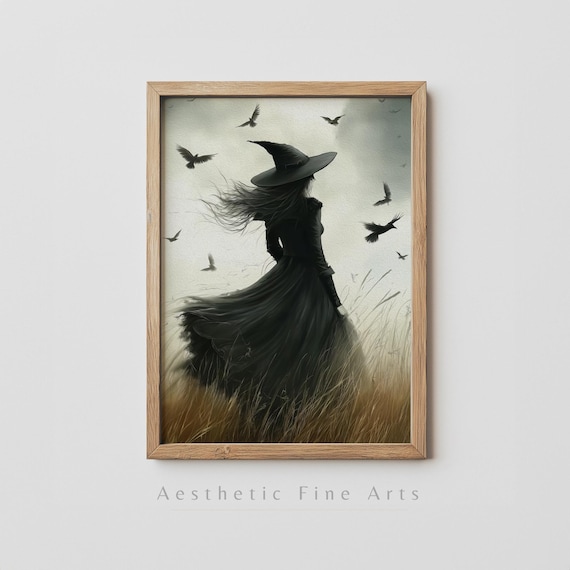 Elegant Witch Silhouette In Golden Field With Crows Halloween Art Poster
