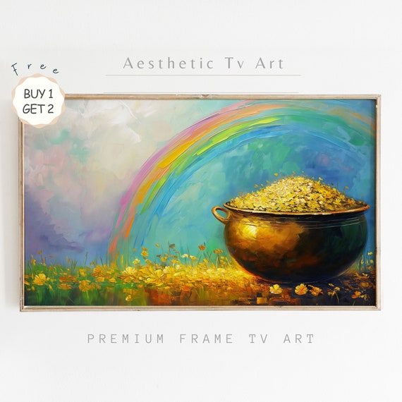 St Patricks Rainbow Clovers Frame Tv Art Oil Painting Of Irish Pot Of Gold Shamrock Art St Patrick Decor Frame Tv