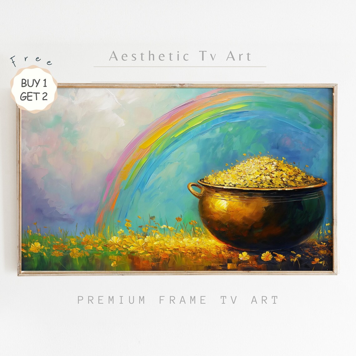 St Patricks Day Rainbow Pot Of Gold Coins Shamrock Oil Poster