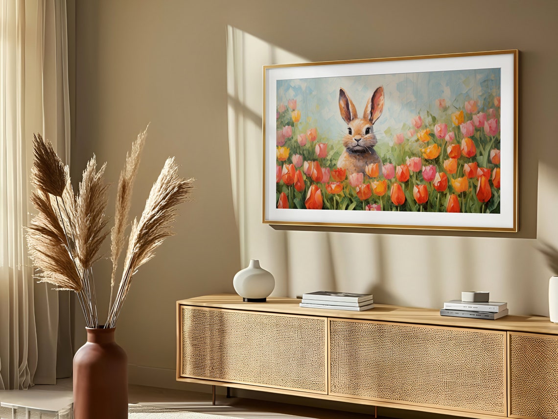 Easter Frame Tv Art Cute Easter Bunny In A Colorful Spring Tulips Garden Easter Farmhouse Decor - Image 2