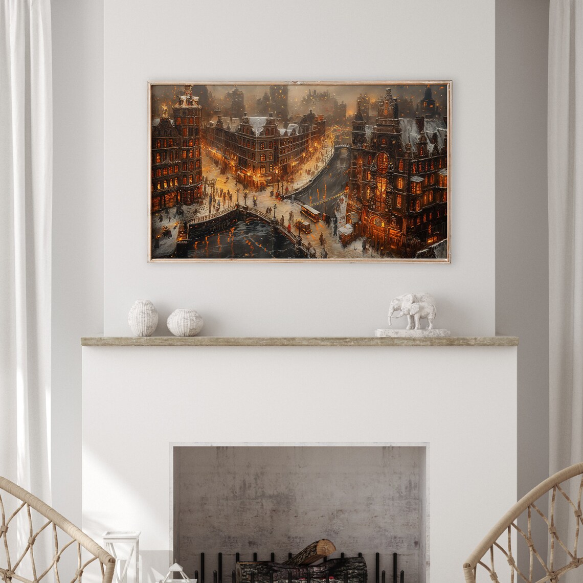 Snowy Old European City Night Canal Bridges Glowing Windows Poster - Image 3